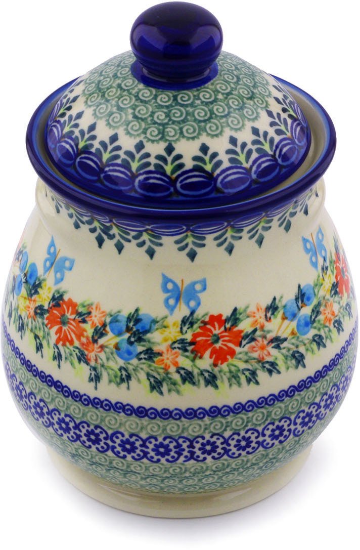 Polish Pottery Jar with Lid 8-inch (Red Cornflower And Blue Butterflies Theme) Signature UNIKAT