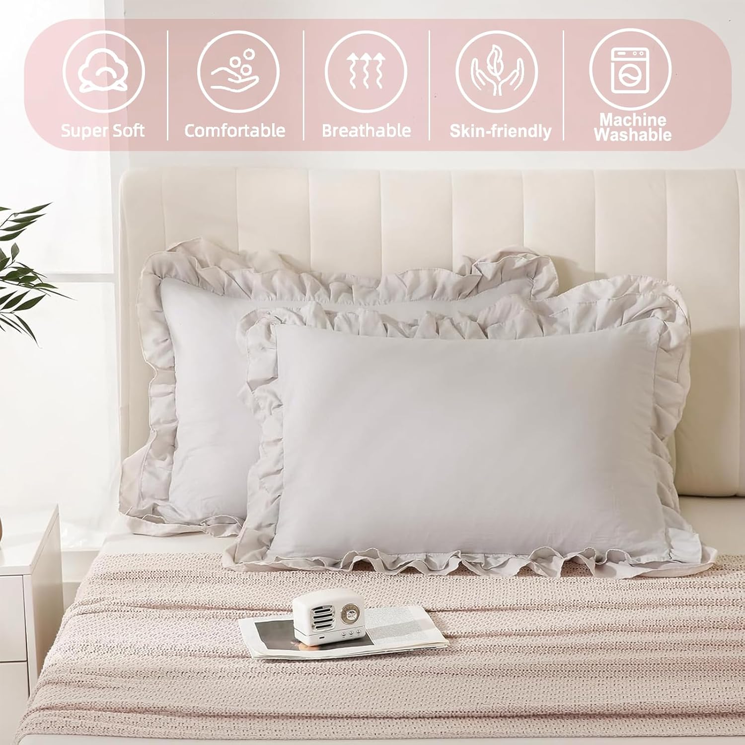 Bedbay Beige Pillow Cases Queen Size Set of 2,Ruffle Pillow Shams,Shabby Chic Pillow Cases Standard Size,Vintage Ruffled Decorative Pillow Covers,Soft Microfiber Boho Bed Pillowcases 2 Pack
