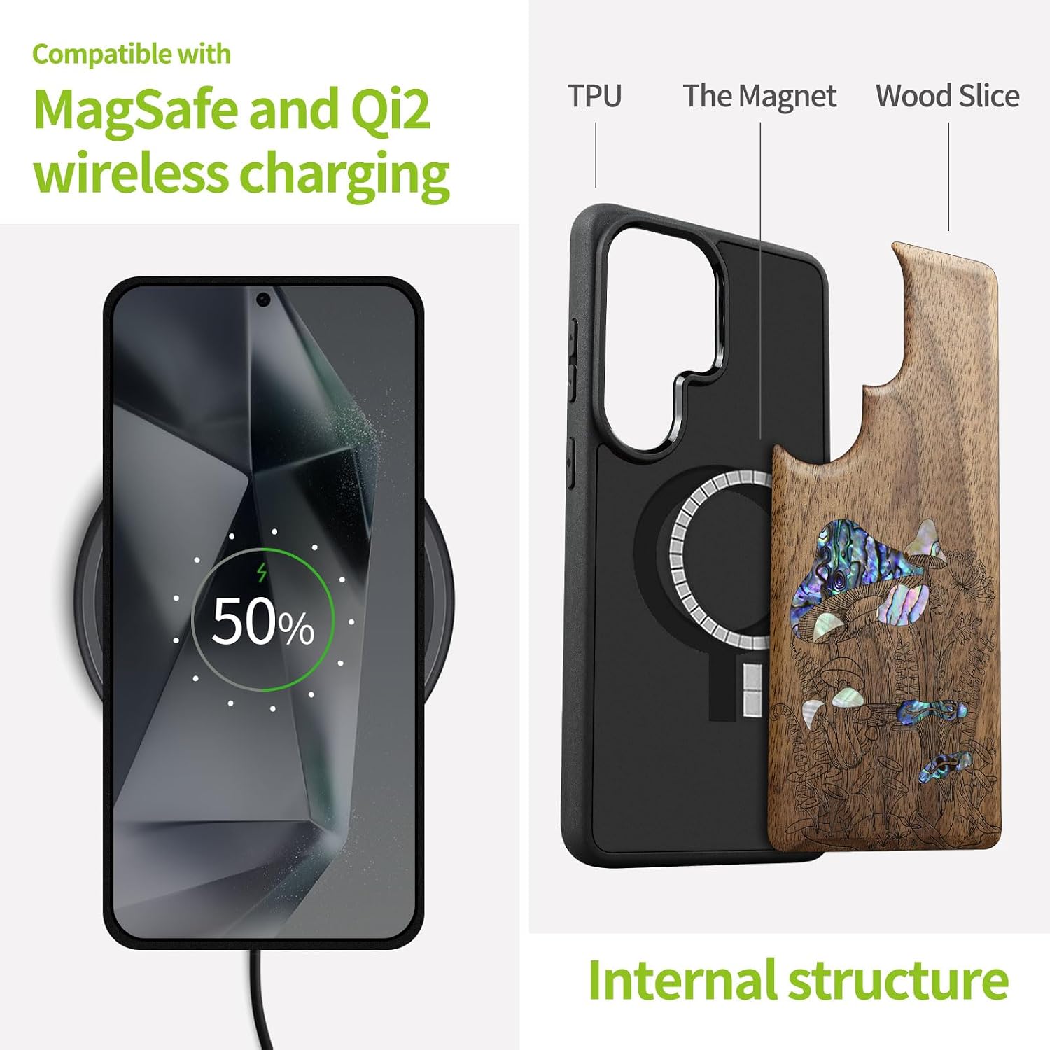 Carveit Magnetic Wooden Case for Samsung Galaxy S26 Ultra Case, Wood Artisan Engraved & Handmade Shell Inlaid, Compatible with MagSafe Wireless Chargers (Vintage Mushrooms) Walnut