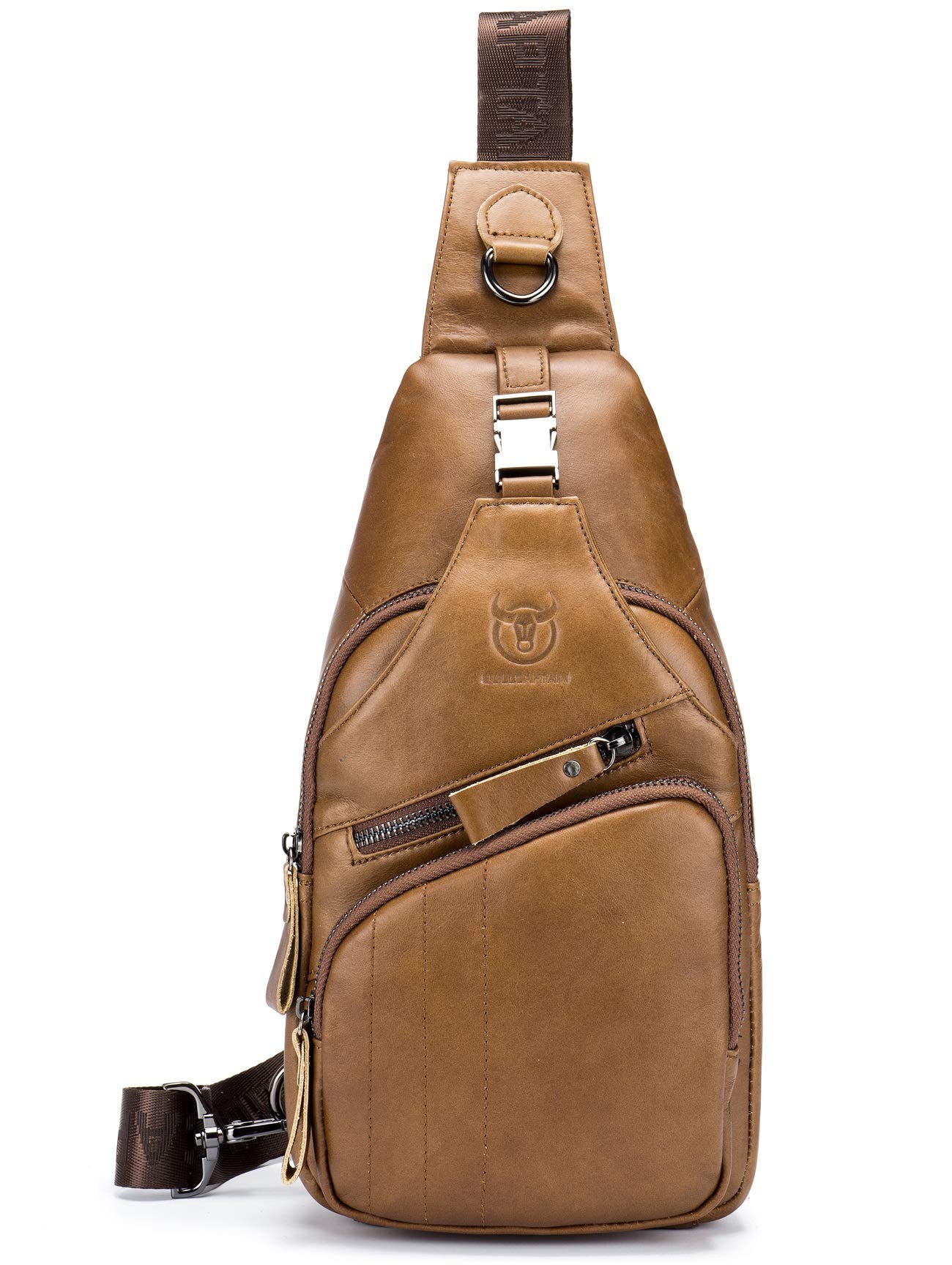 BULLCAPTAIN Leather Men Sling Bag Casual Crossbody Chest Bags Travel Daypack