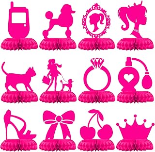 12 Pack Pink Girl Table Centerpieces – Fashion Silhouette Honeycomb Decorations with Crown, High Heel, Ring, Perfume – Glam Birthday Party Supplies for Girls