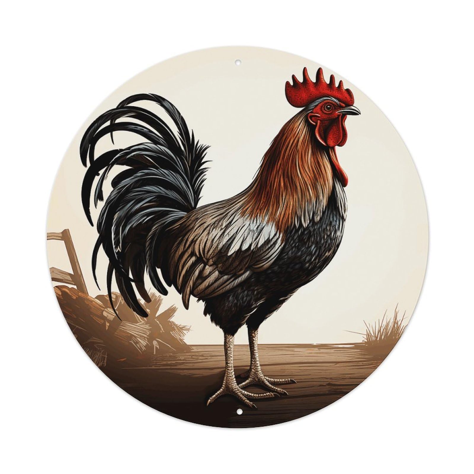 LZQPOEAS Rooster Round Aluminum Wall Art Sign, Metal Indoor Wall Decor with Holes, Durable Circular Aluminum Plaque for Home, Bar, Cafe, Living Room, And Office Decoration