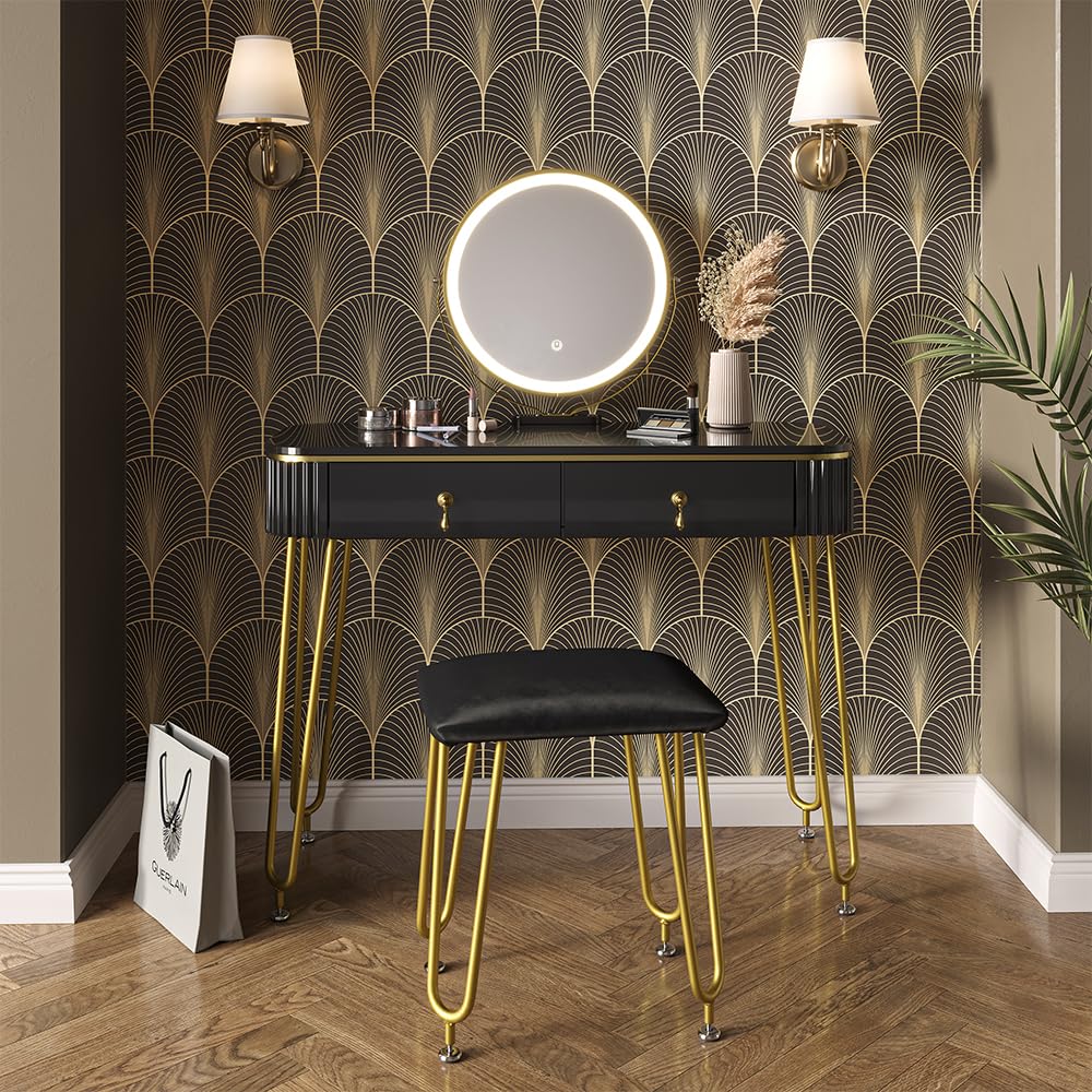 Vicco Tavolo da toeletta Grace, Nero, 100 cm con illuminazione LED e sgabello, con illuminazione LED e sgabello come seduta