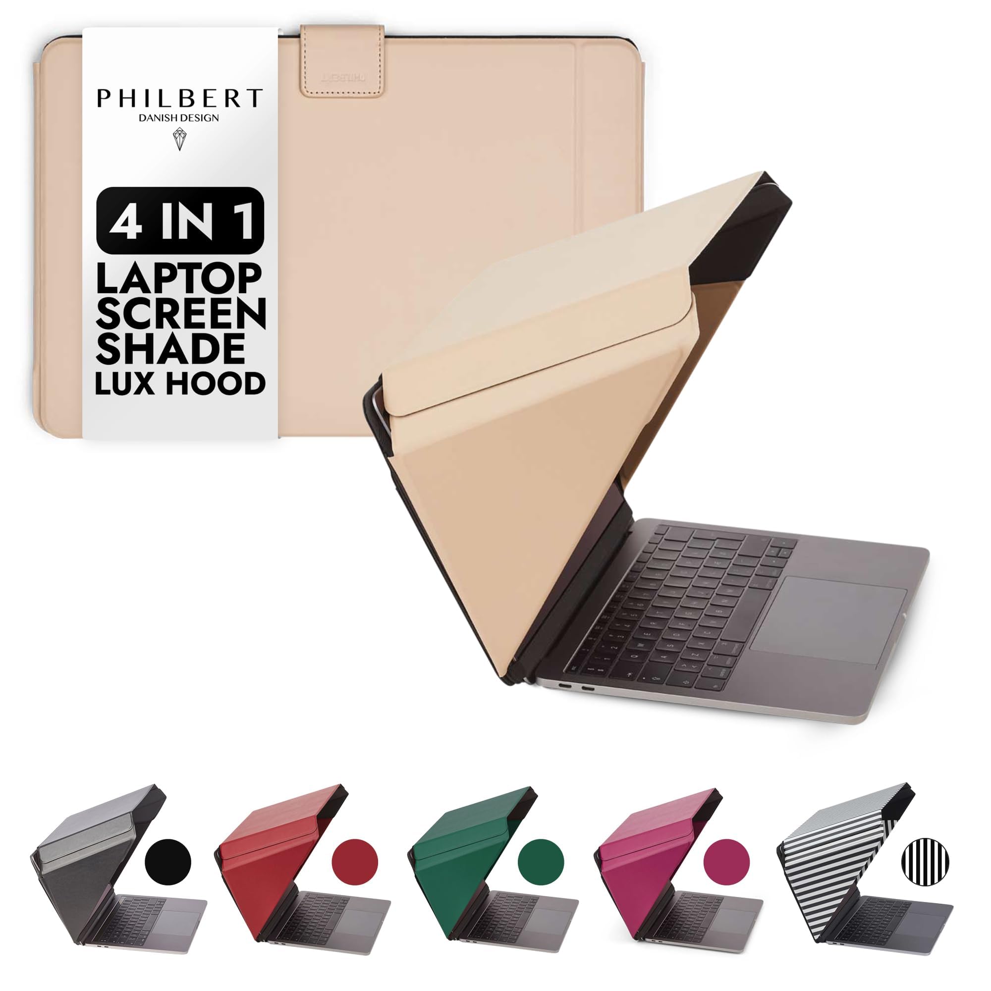 4-in-1 Laptop Sun Shade Lux Hood - Screen Shade, Privacy Screen, Heat Protection, Contrast Enhancement - Fits 12”/13”/14” Laptops, Self-Standing Cover with Pocket - Beige