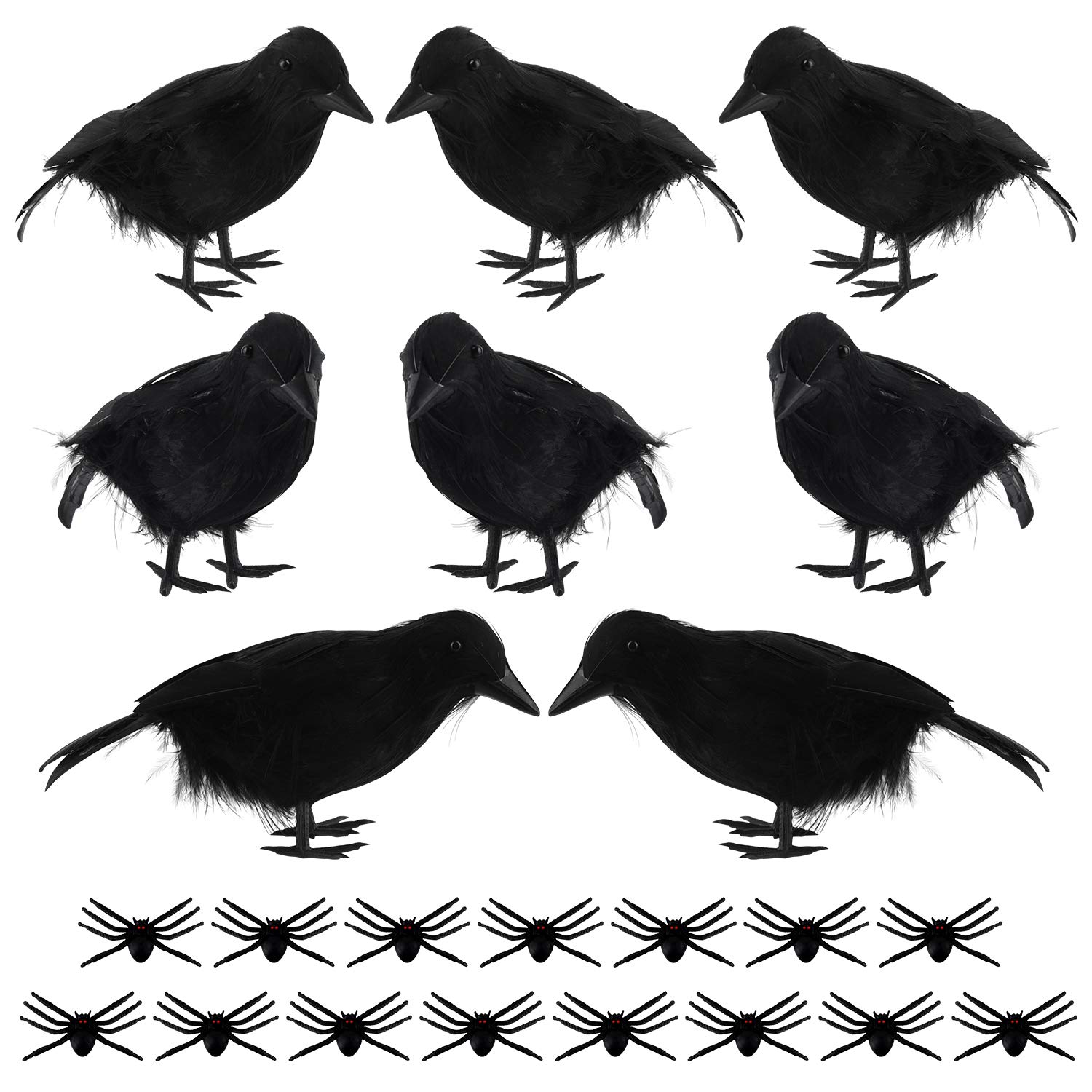 MIAHART 8 Pcs Halloween Black Feathered Crows 15 Pcs Realistic Plastic Spiders Artificial Black Birds Raven Decor for Halloween Decorations