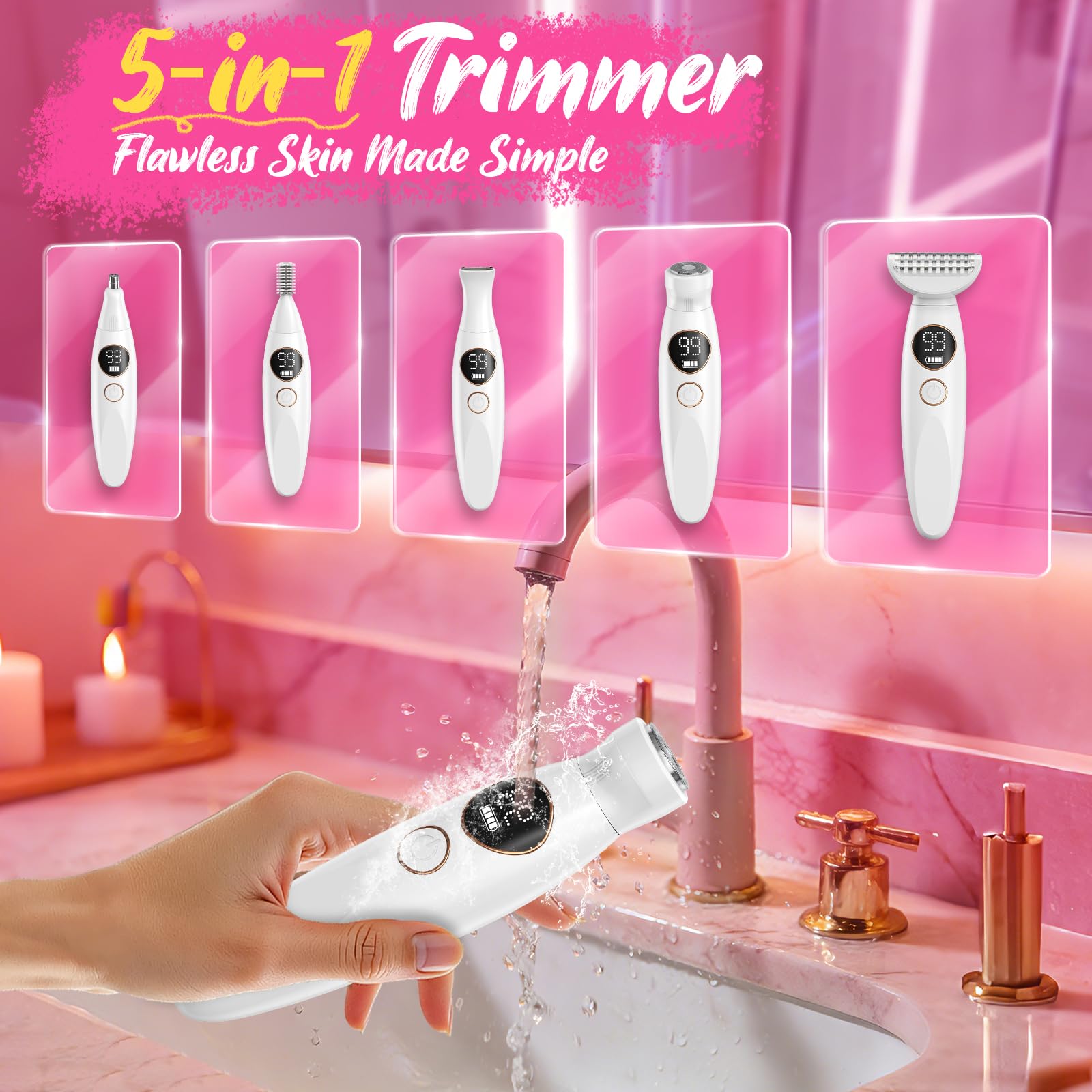Rasoio da donna 5 in 1, rasoio elettrico da donna, a umido e a secco, impermeabile, con stazione di ricarica, per gambe, braccia, ascelle e trattamento del viso, rasoio intimo da donna