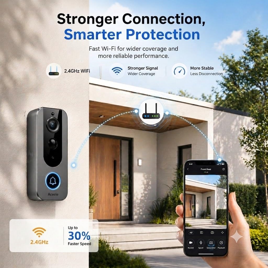 Aceele Sonnette Vidéo Intelligente sans Fil - WiFi 2.4GHZ, Vision Nocturne HDR, Détection Mouvement PIR, Étanche IP65, Autonomie 180 Jours, Interphone Bidirectionnel