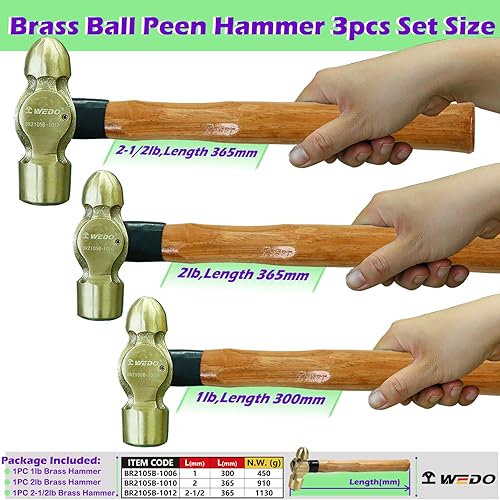 Miniatura 26 de WEDO Martillo de bola de latón de 12 onzas, martillo de bola con mango de madera, longitud 280 mm (11"), forjado a presión, resistente a la madera