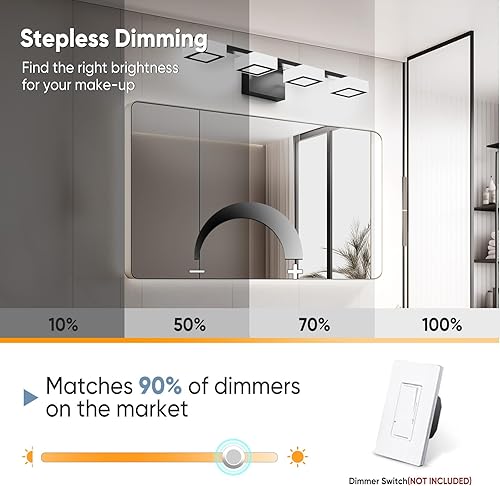 Miniatura 8 de MYTH REALM Lámparas LED modernas para baño sobre el espejo, 4 luces regulables de tocador, luz acrílica negra mate, ajustable de 2700 K-6500 K,