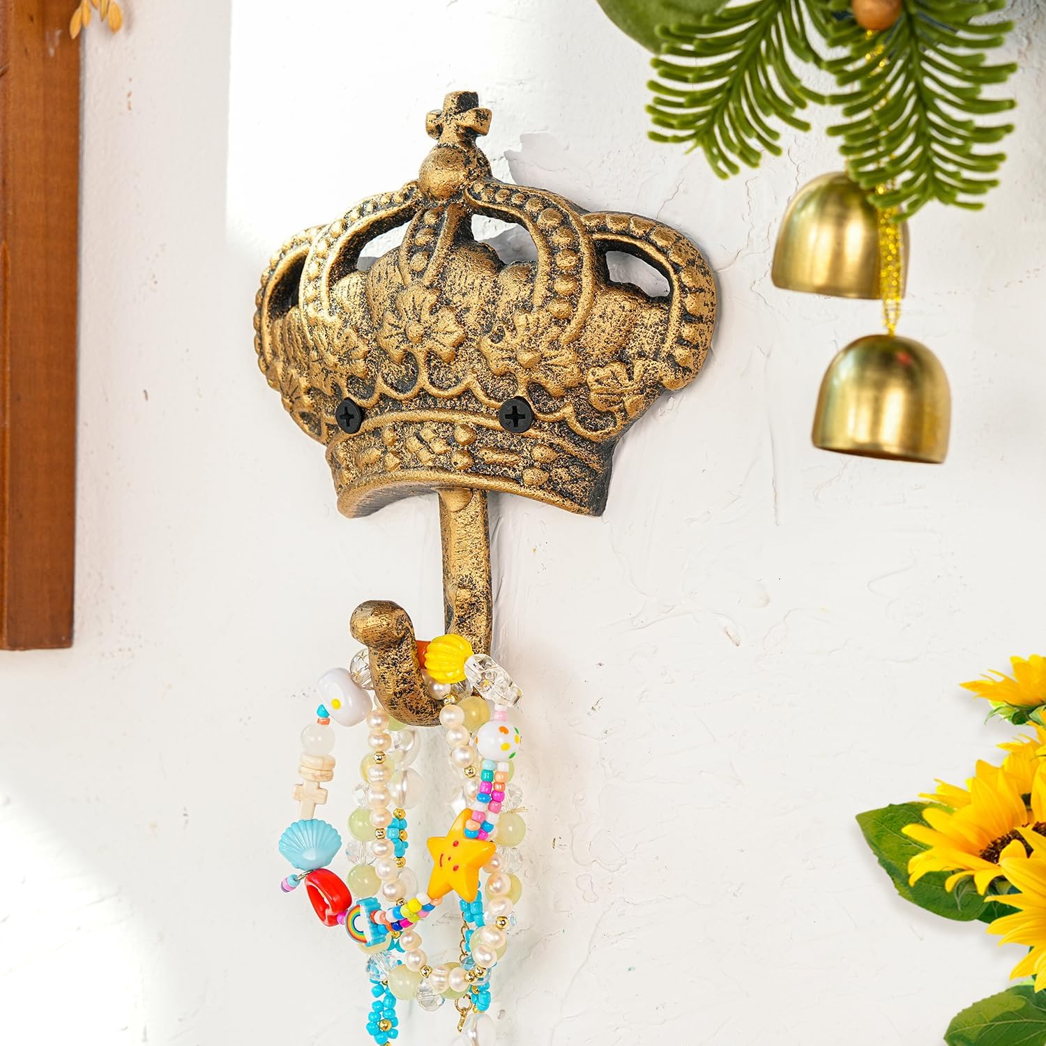 Sungmor Vintage Cast Iron Cross Crown Wall Hook - Antique Gold Royal Decorative Hanger for Coats,Keys,Towels and Hats,Heavy Duty Rustic Home Decor