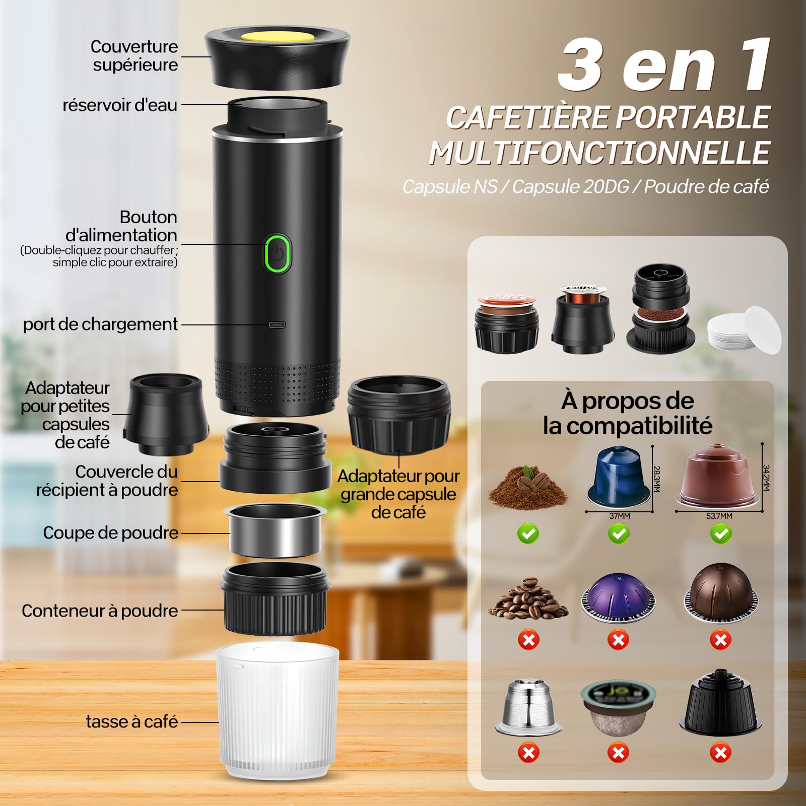 Machine à Café Portable 12V Chauffage Rapide 3 En 1 Auto-Chauffage 4-6 Min Grandes Capsules Café Moulu Camping Bureau Maison Voiture Noir