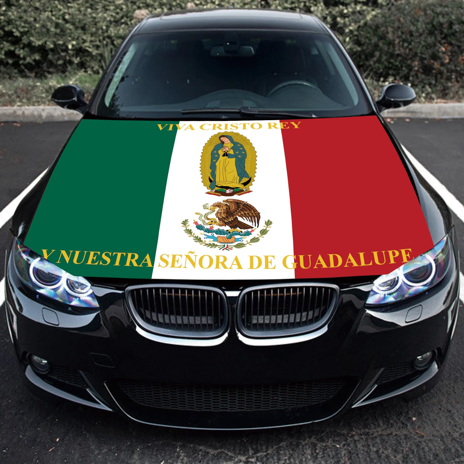 Punejapur Mexico Viva Cristo Rey Flag Car Hood Cover 3 5X5Ft cristeros Flags Car Hood Cover Elastic Windproof