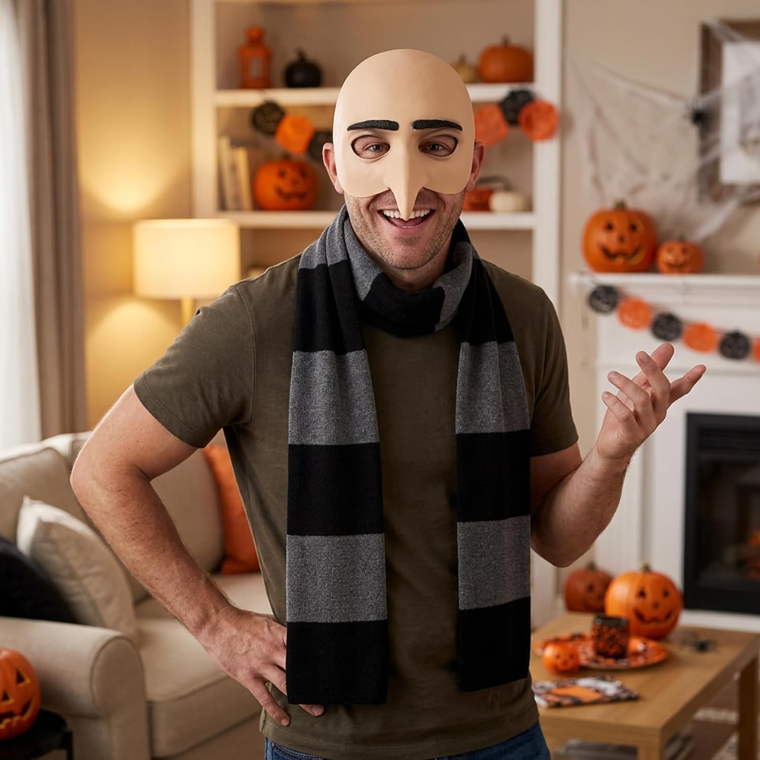 Bald Cap, Gru Costume, 3 PCS Halloween Costumes Include Bald Caps Scarf and Hair Nets, Halloween Costumes for Adults for Cosplay Halloween Carnival and Parties Use by Those Aged 15 and Above Black