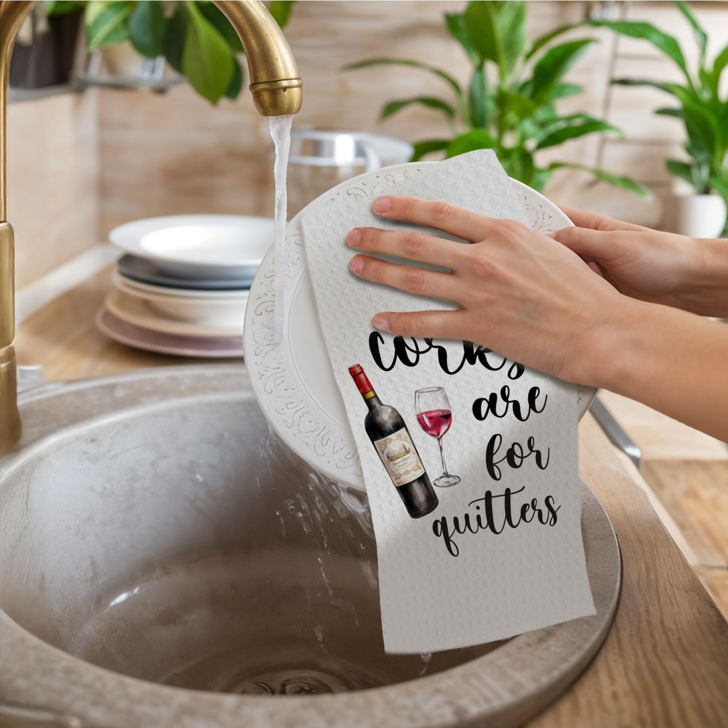 Funny Wine Kitchen Towels, Wine Lovers Gifts for Women & Men, Funny Dish Towels with Sayings for Kitchen, Corks are for Quitters, 16x24 Inch - Image 2