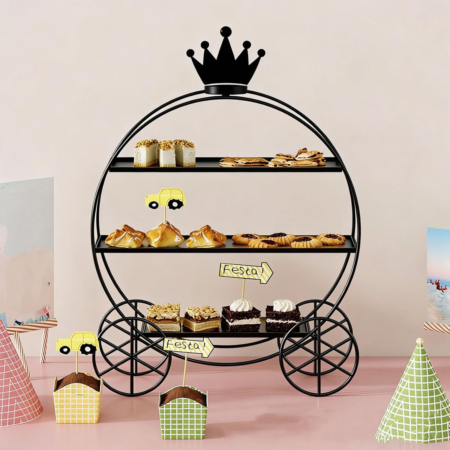 3 Tier Cupcake Stand, Iron Cake Stand Multifunctional Cup Cake Holder Tower for Dessert Table, Donuts, Fruits, Cookies, Tea Party, Weddings, Parties, Easy to (Black)