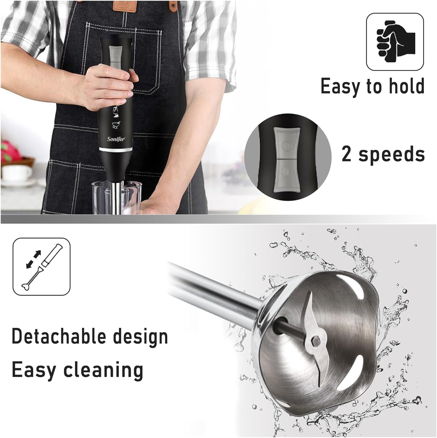 Compatible For 3 in 1 Immersion Blender Hand Food Mixer Includes Chopper and 700ml Smoothie Cup Stainless Steel Ice Blades Whisk(SF8025-Black,AU)