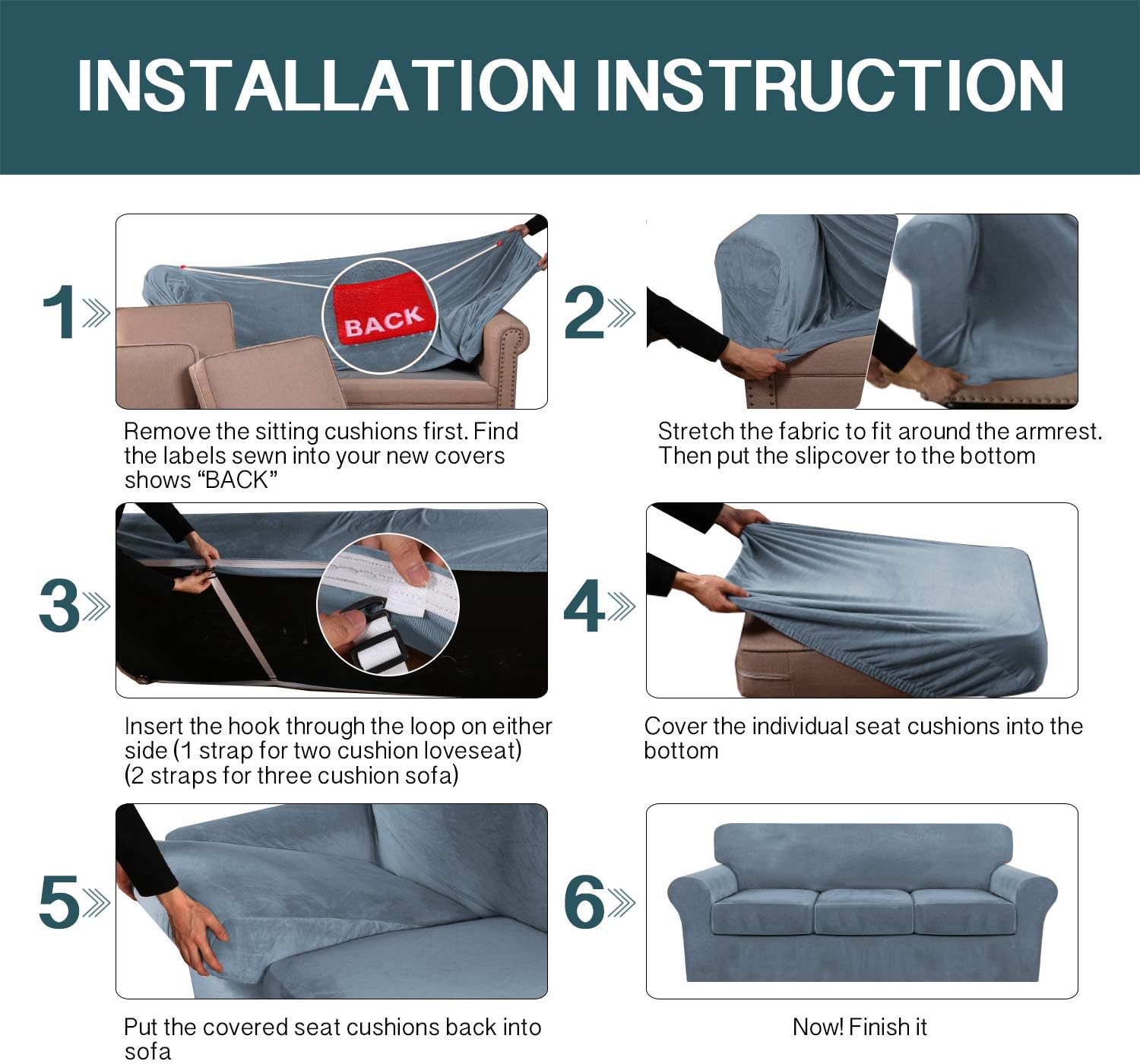3 Piece Sofa Cover Stretch Luxury Thick Velvet Loveseat Slipcover Cover with 2 Separate Seat Cushion Covers | Couch Cover Loveseat for Living Room, Secure with Straps (Loveseat,Stone Blue): Home & Kitchen