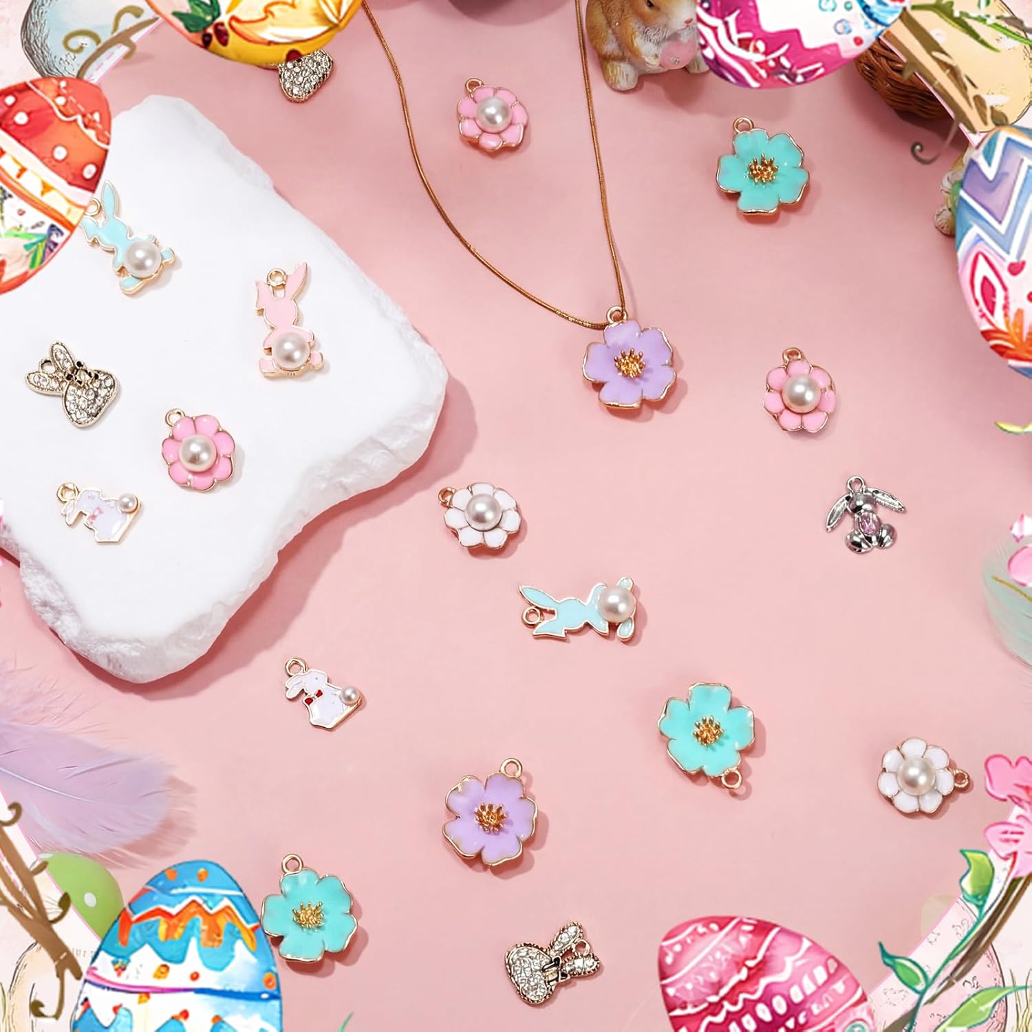 Landical 50 Pcs Easter Cute Charms for Jewelry Making Pendant Assorted Alloy Cubic Flower Charms Rhinestone Easter DIY Supply Necklace Bracelet Jewelry Craft(Gold, Cute) - Image 3