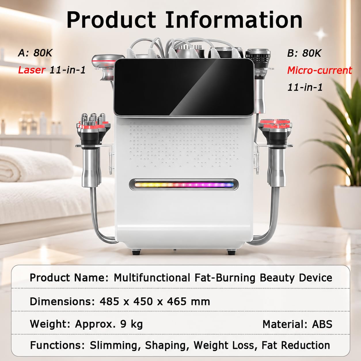 macchina di contorno del corpo di vuoto rf 80K, dispositivo 11-in-1 | Cavitazione 80K, RF 1MHz, vuoto, maniglie LED e touchscreen multilingue da 6 pollici per la cura del corpo del salone
