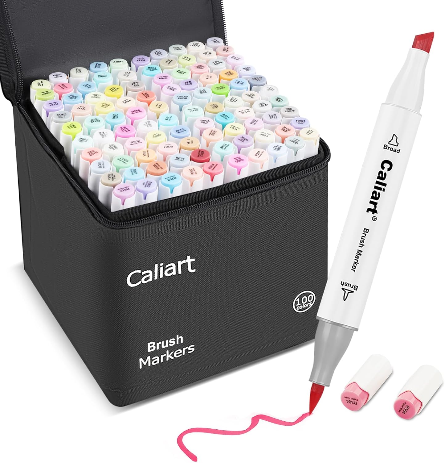 Caliart Pastel Alcohol Markers Brush Tip, 100 Colors Dual Tip Coloring Marker Pen Set Brush & Chisel, Art Supplies Gift for Adults Coloring Book Artists Sketch Drawing Illustration