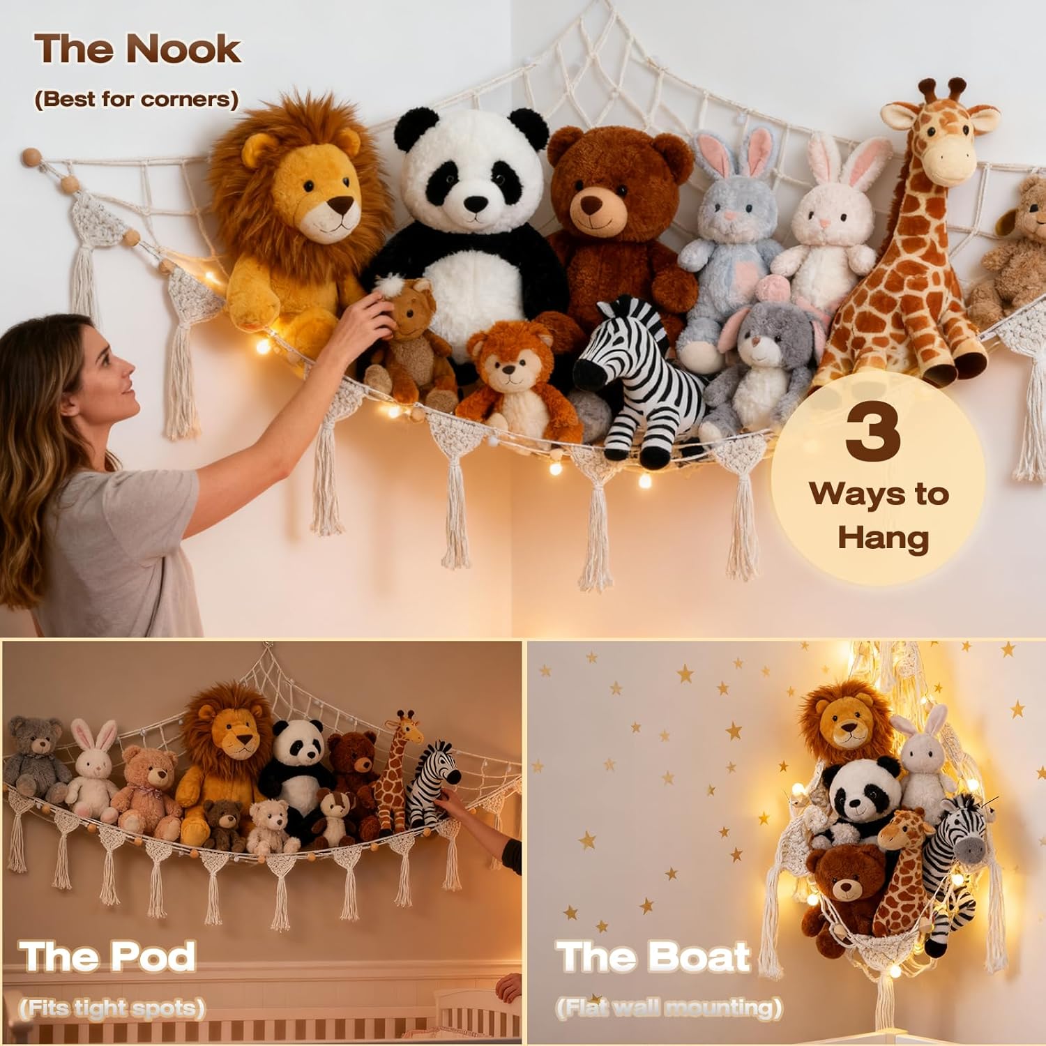 Stuffed Animal Hammock with String Lights, Large Stuffed Animal Net Storage Organizer for Kids Room, Boho Macrame Corner Organizer with Tassels & Installation Kit, Beige