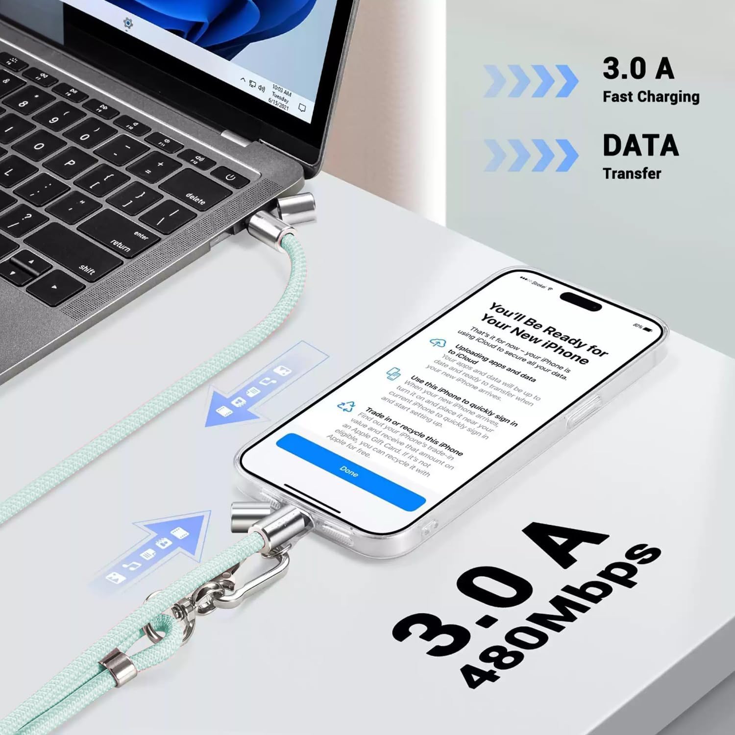 2-in-1 Phone Lanyard USB-C Charging Cable, 60W Fast Charge Braided Crossbody Strap, Adjustable Anti-Lost Cord