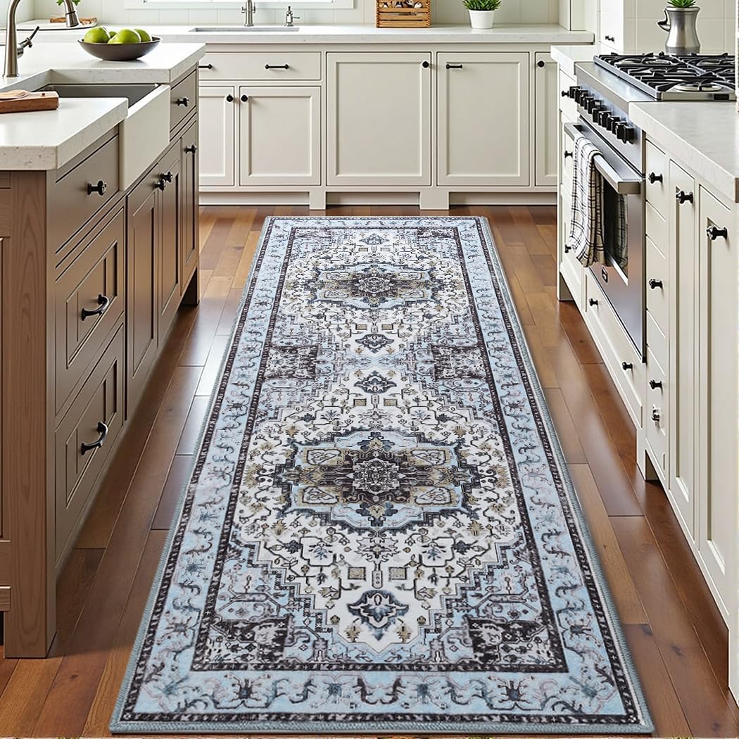 Runner Rug 2x6, Machine Washable Non-Slip Vintage Area Rug, Low Pile, Indoor Carpet Printed Floral Rugs for Living Room, Entryway, Kitchen, Bedroom,Blue