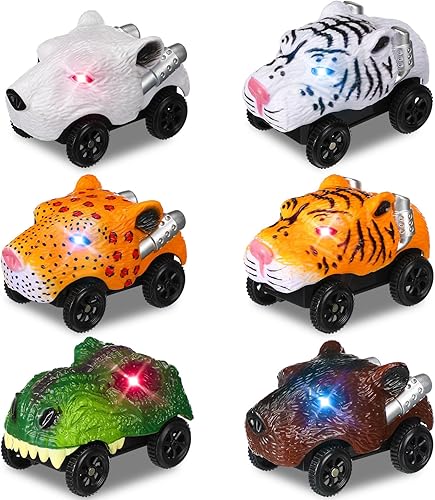 Skylety Paquete de 6 piezas de repuesto de pista de carreras de dinosaurios con luces LED, funciona con pilas, accesorios de autos de dinosaurio que