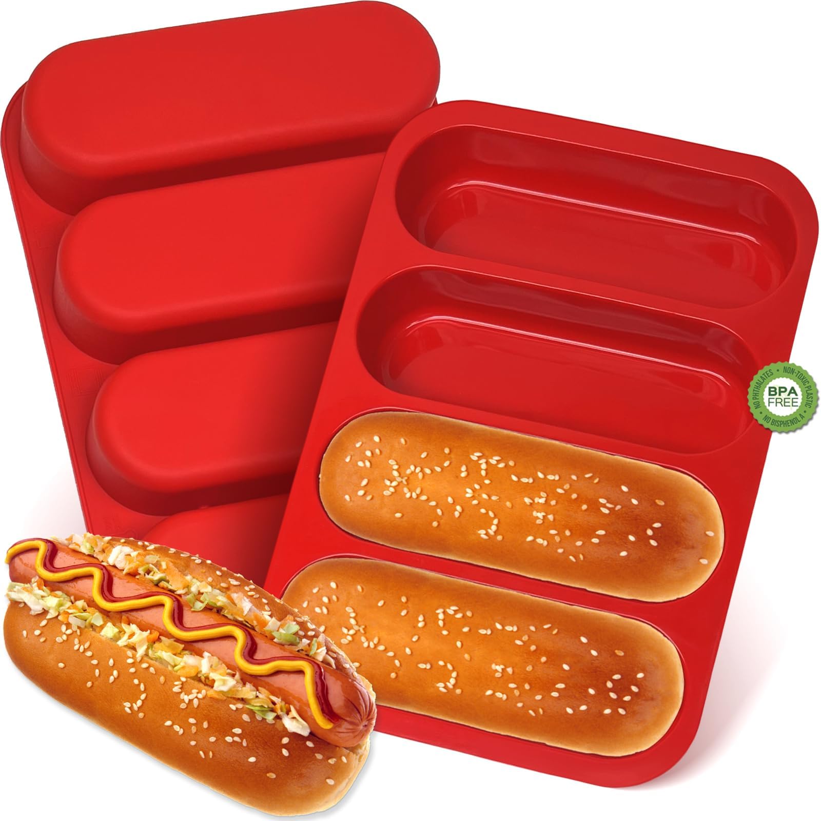 Silicone Hotdog Bun Pan, 6 Inch Standard Hot dog Bun Mold, 4 Cup Non-stick Homemade Hotdog Bun Baking Pans, Mini Baguette Pans, Dishwasher Safe, 2 Pcs (Red)