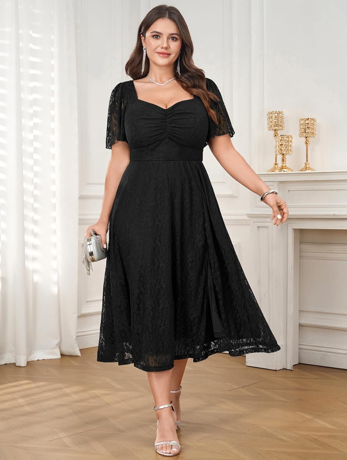 SCOMCHIC Womens Plus Size Wedding Guest Cocktail Lace Dress Sweetheart Neckline Short Sleeve Smocked Split Midi Dresses - Image 4