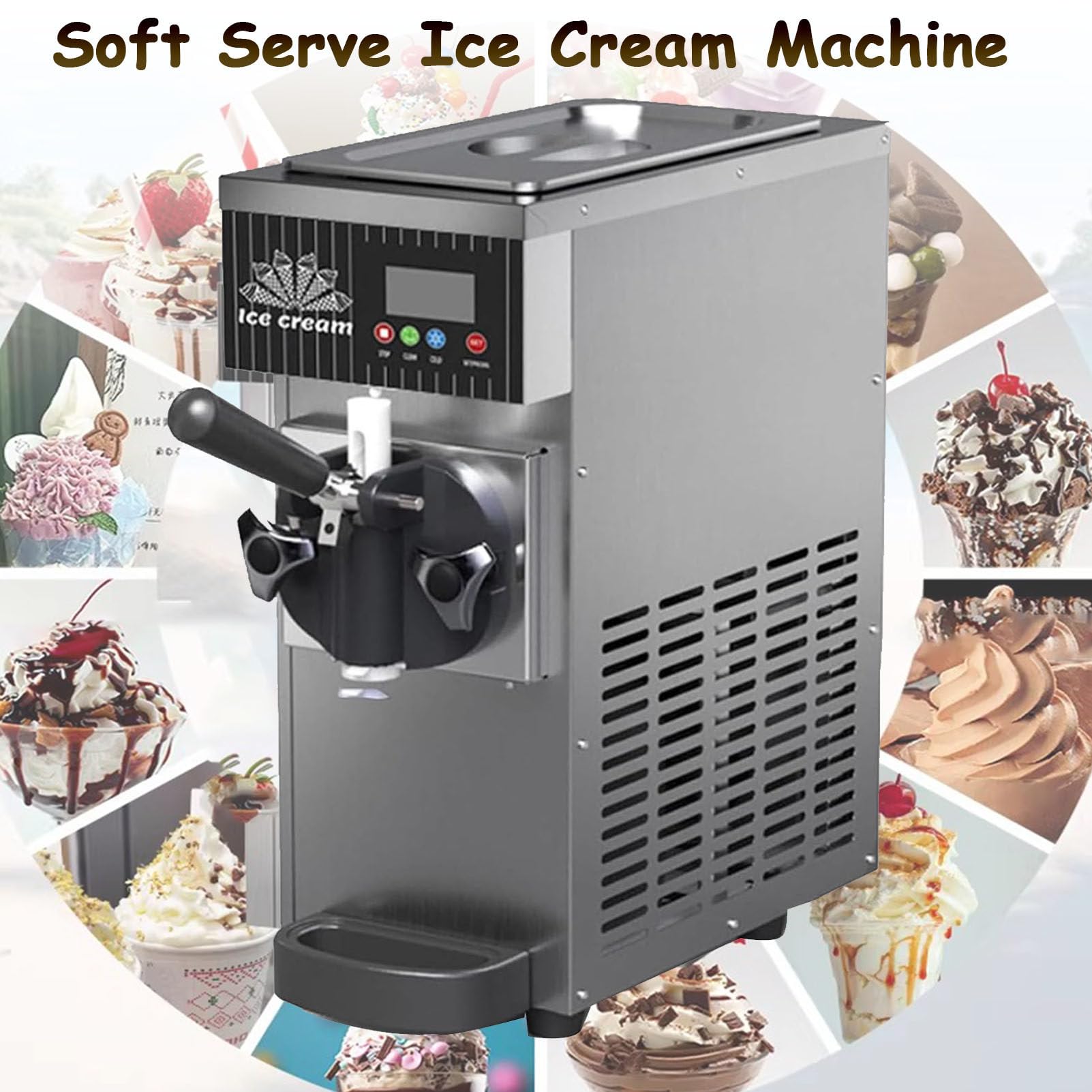 Máquina de helados de servicio suave, máquina de encimera comercial con pantalla LCD, produce 80-100 porciones por hora, enfriamiento rápido, dispensador de yogur congelado de un solo sabor de acero i