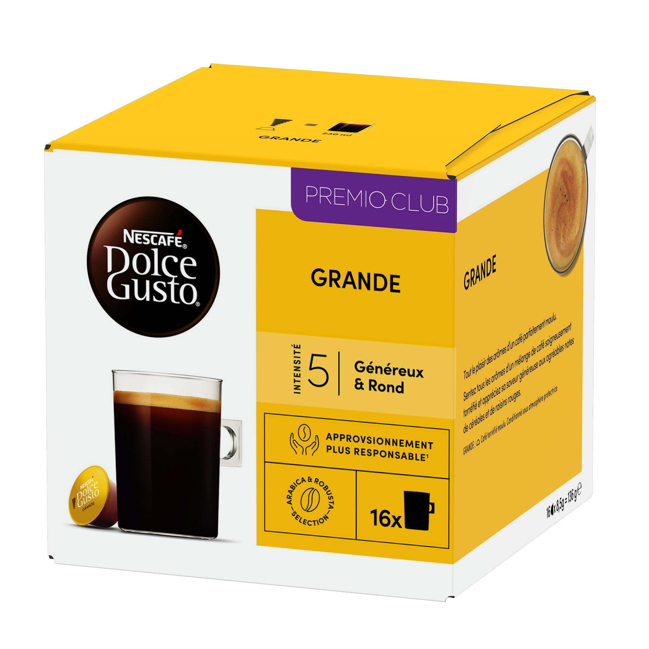 NESCAFE DOLCE GUSTO Grande – Café Cápsula – Intensidad 5 – Mezcla Arabica & Robusta – 96 Cápsulas (6 Cajas x 16) | Café Cápsulas, compatible con todas las máquinas de café DG fuera de NEO, mezcla Arabica y Robusta aromática