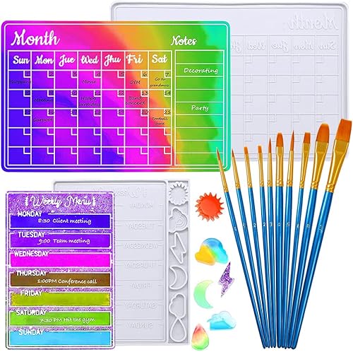 FineGood - Moldes de resina con pincel de pintura, calendario de resina, kit de resina de silicona, planificador de semana mensual, moldes de