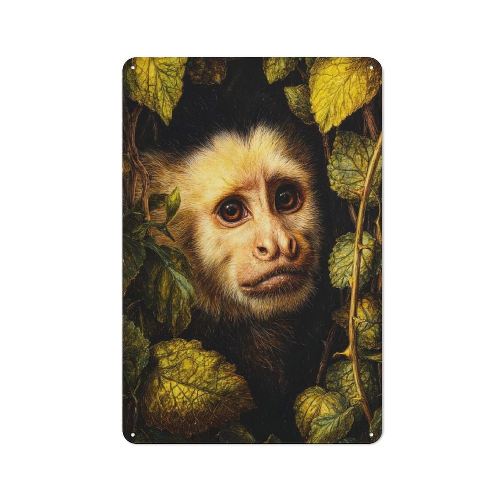 Tin Wall Plaque 30x20cm with Detailed Capuchin Monkey Illustration Foliage for Workshop Wall, Housewarming Wall Decor for People Furnishing Workshop