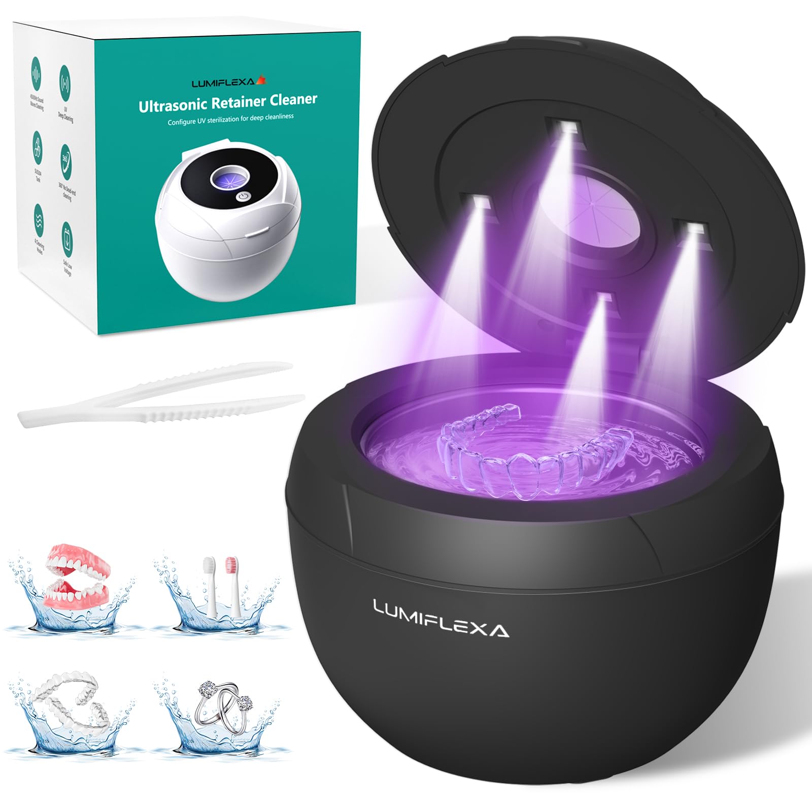 Nettoyeur Ultrasons 45000Hz Gouttière Dentaire 4 Lampes UV 200ml 4 Modes Nettoyage Prothèses Dentaires Bijoux Noir