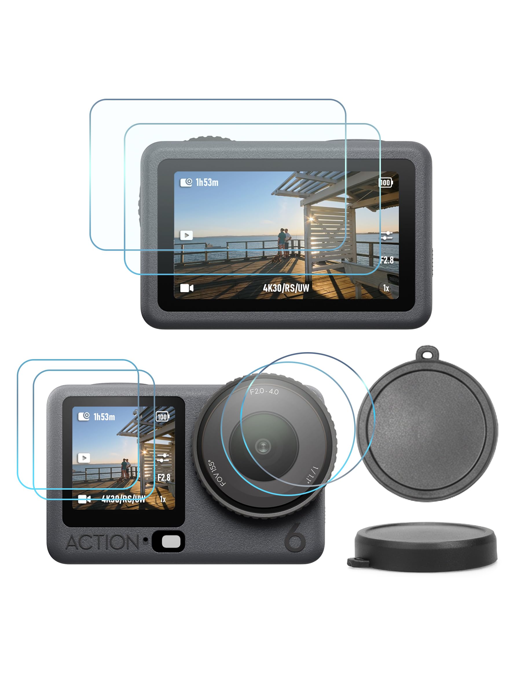 iDaPro Screen Protector+ Lens Protector do DJI Action 6, Szkło hartowane 9H | 2 Full zest. + obiektyw Caps + pudełko ABS. Twardość 9H, odporne na rysy, bez bąbelków, HD, antyodciskowe, łatwy montaż.
