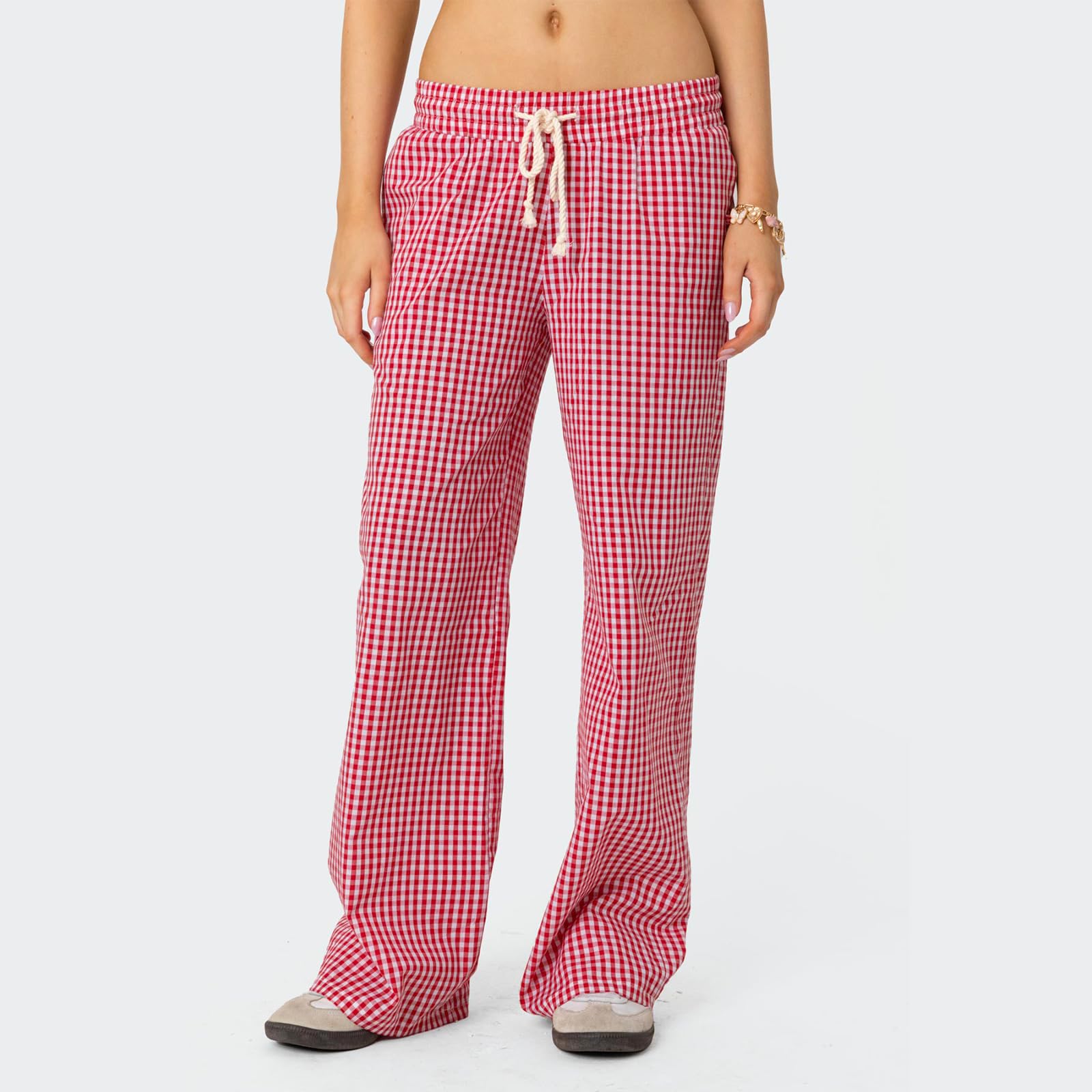 Sexy Outfit Pantalon de Salon à Jambes Larges pour Femmes, Confortable, Taille élastique, Baggy, à Carreaux, Palazzo, Ample, Cordon de Serrage, avec Poche