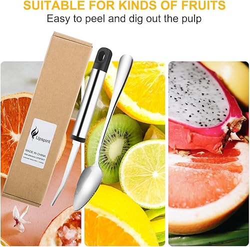 Miniatura 8 de Cucharas y cuchillos de pomelo, 4 cucharas de acero inoxidable y 1 cuchillo curvado con borde dentado, juego de utensilios de frutas cítricas para