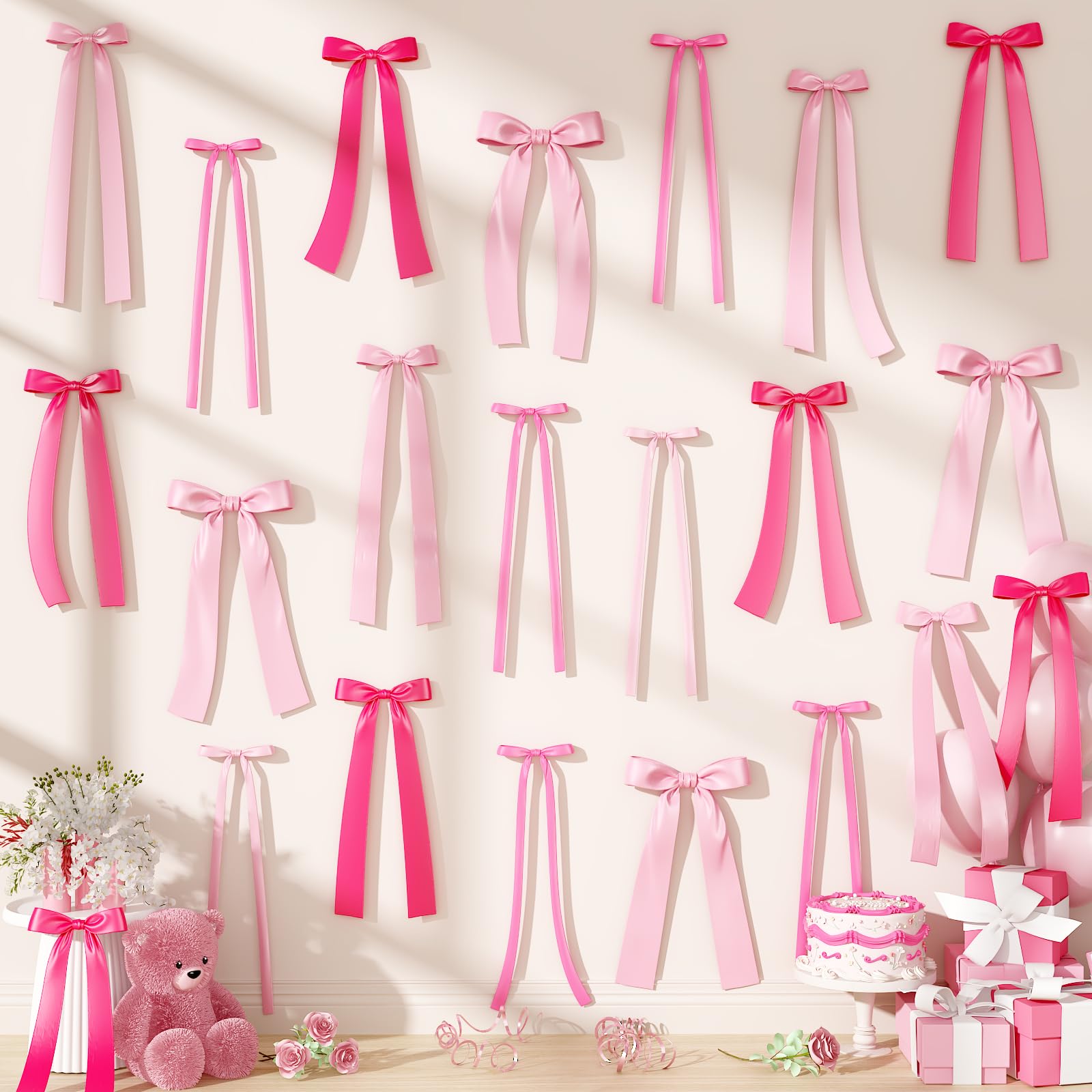 Pink Bow Wall Decor, 40Pcs Pink Bow Birthday Decorations, DIY Ribbon Satin Bows Garland Photo Backdrop for Women Girls Coquette Wall Bachelorette Baby Bridal Shower Room Bedroom Wedding Party Decor — image 1