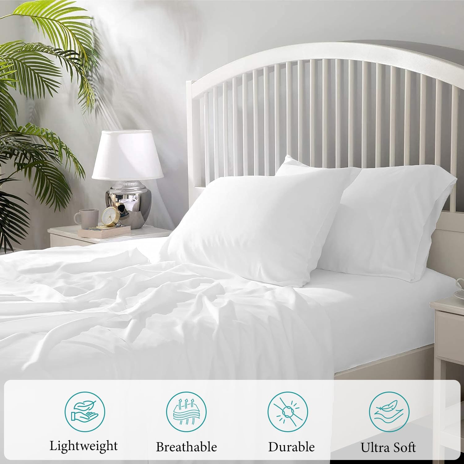 RECCI 4 Piece Luxurious 1200 Thread Count 100% Egyptian Cotton Sheet Set Luxury Premium Hotel Quality Sheet Set 16" Inch Deep Pocket Queen Size - White Solid