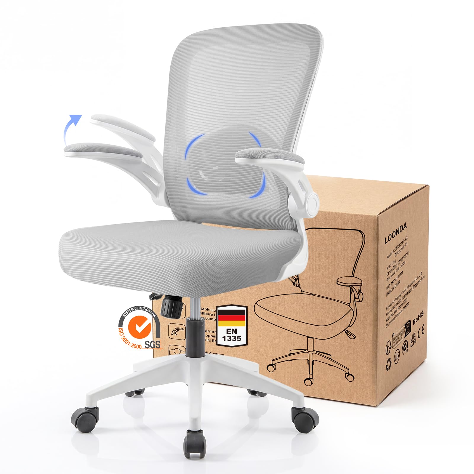 LOONDA Bürostuhl Ergonomisch mit 4D Verstellbarer Lordosenstütze und Atmungsaktivem Mesh, Ergonomischer Schreibtischstuhl mit 8 cm Formstabilem Sitzpolster, 360° Drehstuhl für Home Office und Büro