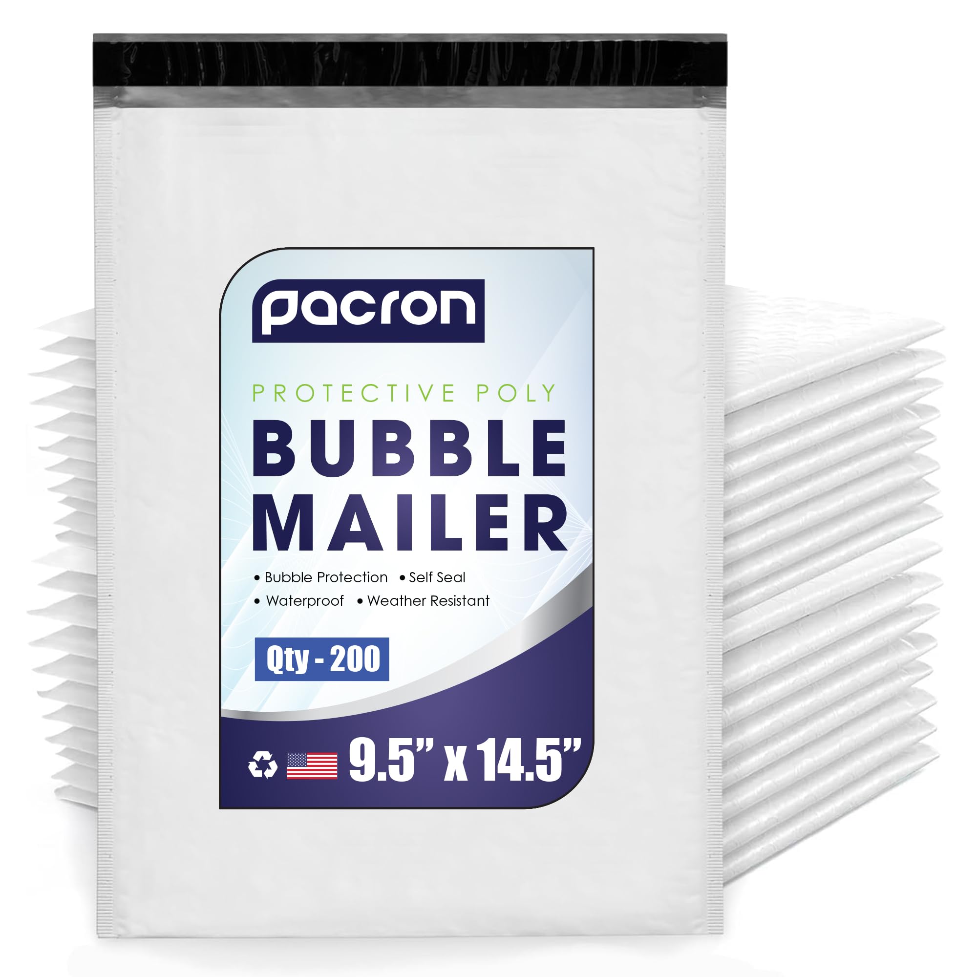 Pacron 200-Pack Waterproof Poly Bubble Mailers 9.5 x 14.5 - Thick, Durable, Instant Seal Envelopes with Strong Adhesive - Protective Shipping Mailers