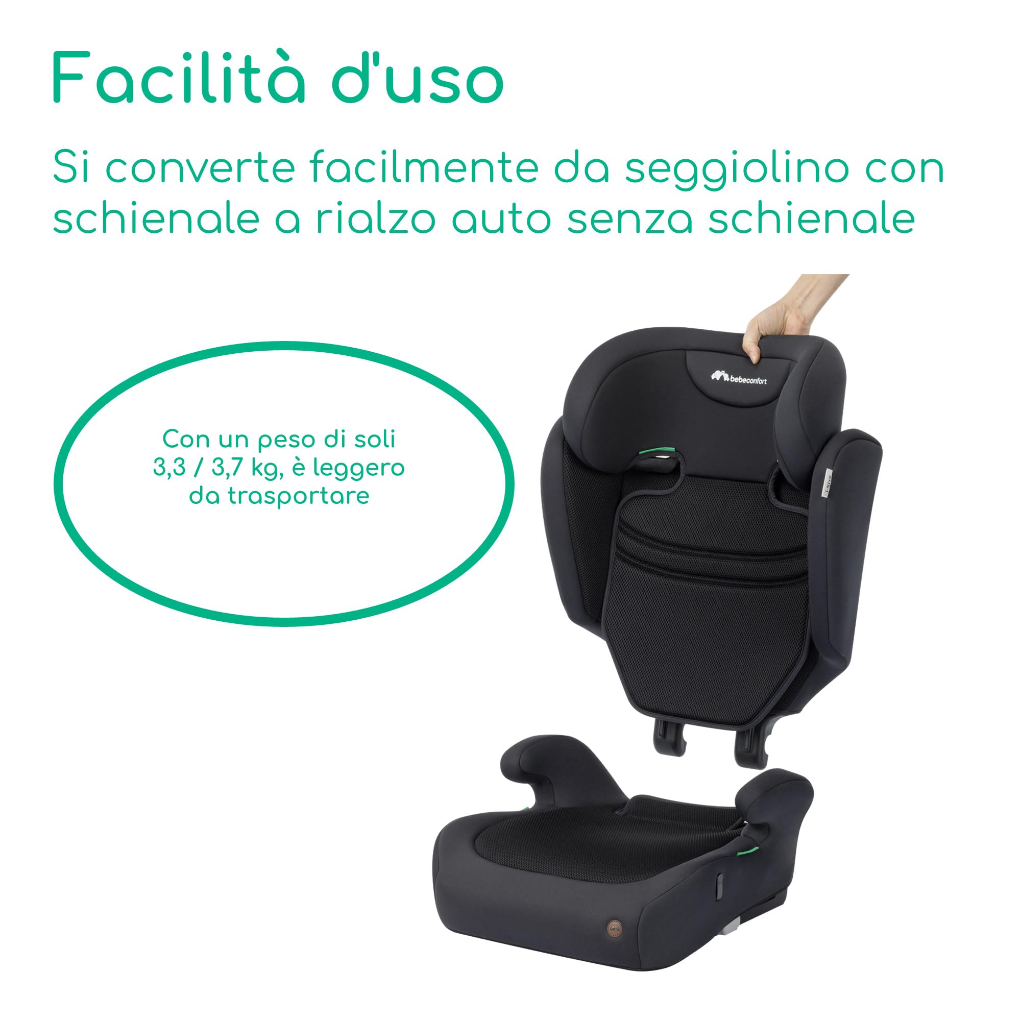 Bebeconfort Ride 2-in-1 i-Size Seggiolino Auto Bambini, 100–150 cm, 3,5–12 anni, Seggiolino Auto ISOFIX, Schienale Rimovibile, Leggero 3,7 kg, Poggiatesta a 11 Posizioni, Portabibite, Full Black