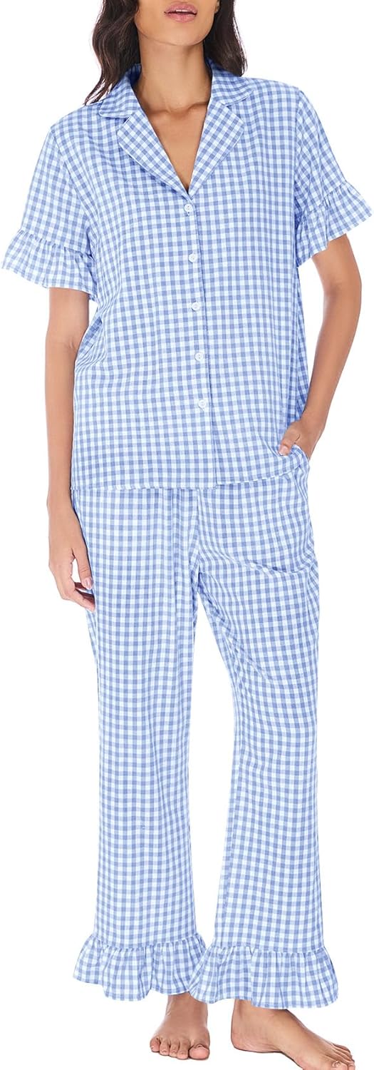 Kissonic Women Plaid Pajamas Sets 2 Piece Cotton Button Down Short Sleeve Shirt Ruffle Pants Gingham Pjs Lounge Set