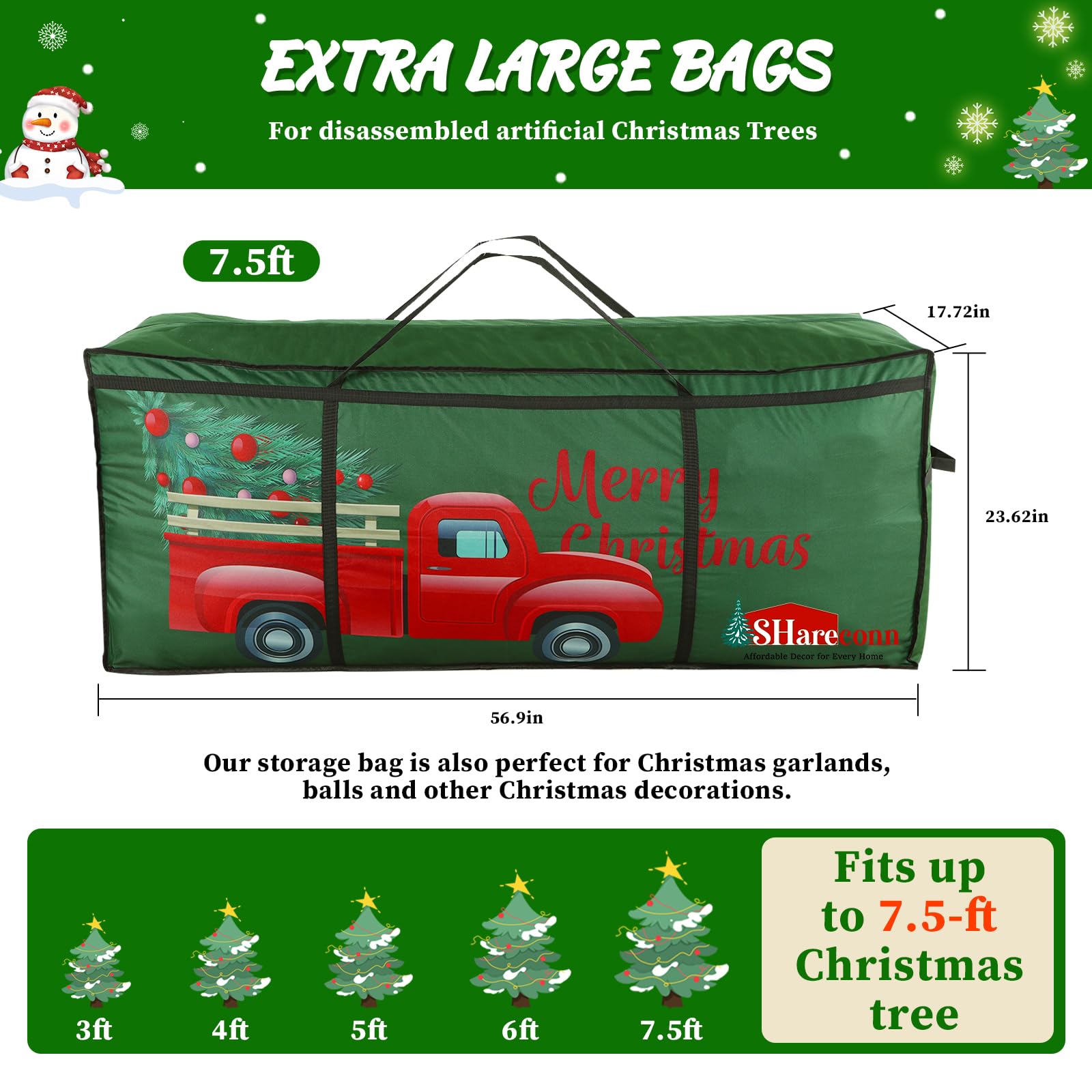 SHareconn Sacca per Albero di Natale, Borsa Oxford 600D Grande, Resistente e Impermeabile con Manici Rinforzati, Adatta per Alberi di Natale Artificiali Fino a 220 cm e Palline di Natale, Verde