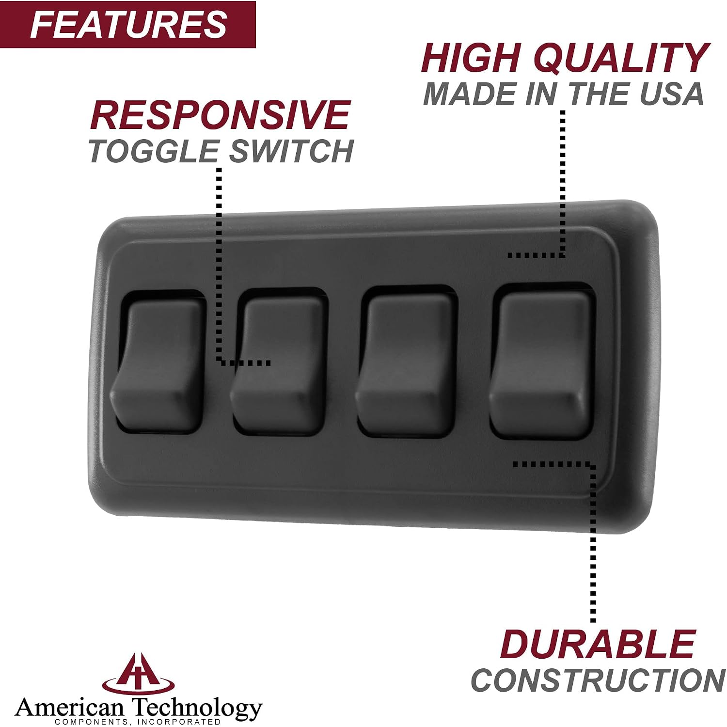 American Technology Components Quad SPST On-Off Switch with Bezel, 12-Volt, for RV, Trailer, Camper (Black)