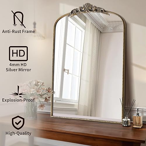 Miniatura 2 de Micasso Espejo de oro antiguo adornado espejo arqueado barroco francés de 24 x 36 pulgadas, espejos vintage tradicionales para