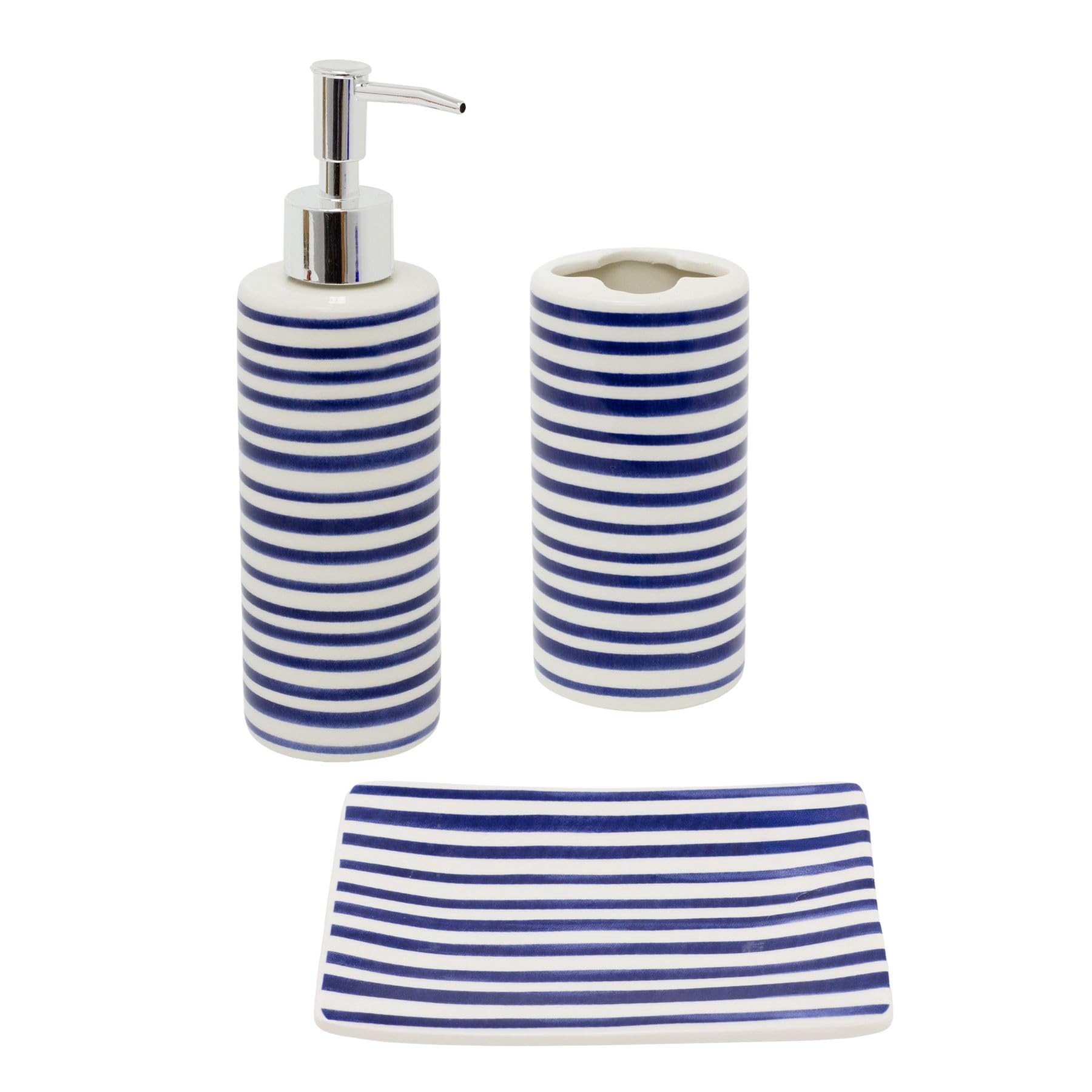 Carousel Home White Jeff Banks Bathroom Accessory Set, 3-Piece Ceramic Soap Dispenser, Toothbrush Holder And Soap Dish Blue Stripes