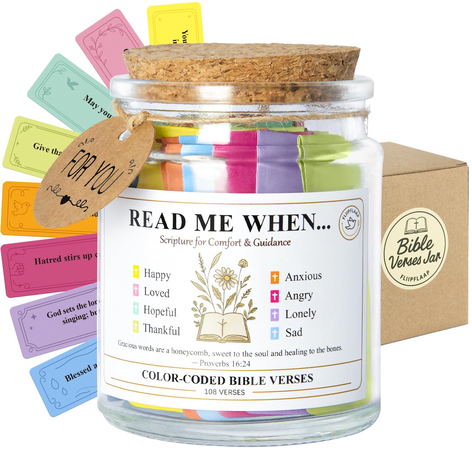 Bible Verse Jar – 108 Christian Scripture Jar for 8 Emotions & Feelings – Read Me When Prayer Cards for Daily Devotional & Encouragement – Gift for