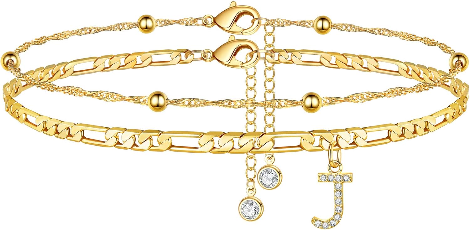 Ursteel Ankle Bracelets for Women, 14K Gold Plated Dainty Layered Chain CZ Initial Anklets Summer Jewelry Gifts for Women
